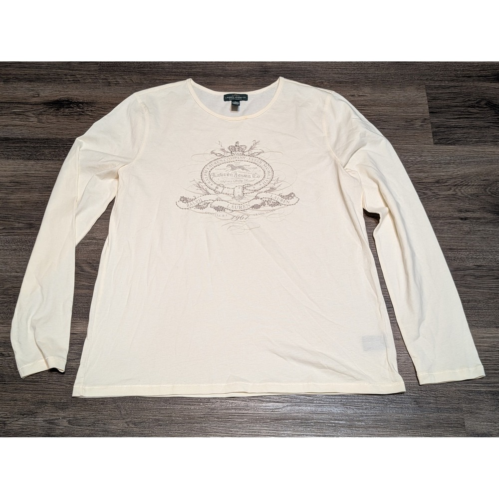 Lauren Jeans Co Ralph Lauren Womens L Cream Long Sleeve Beaded‎ Shirt READ